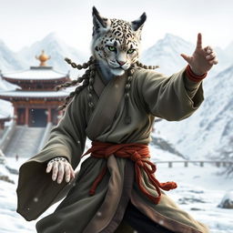 A female tabaxi monk with snow leopard-like features, showcasing her adventurous spirit