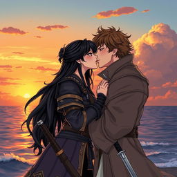 An illustration in manhwa style featuring a romantic scene of a couple kissing