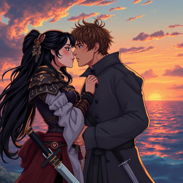 An illustration in manhwa style featuring a romantic scene of a couple kissing