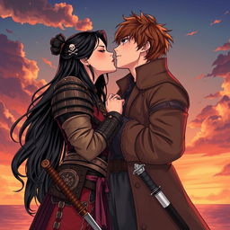 An illustration in manhwa style featuring a romantic scene of a couple kissing