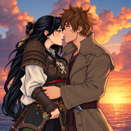 An illustration in manhwa style featuring a romantic scene of a couple kissing