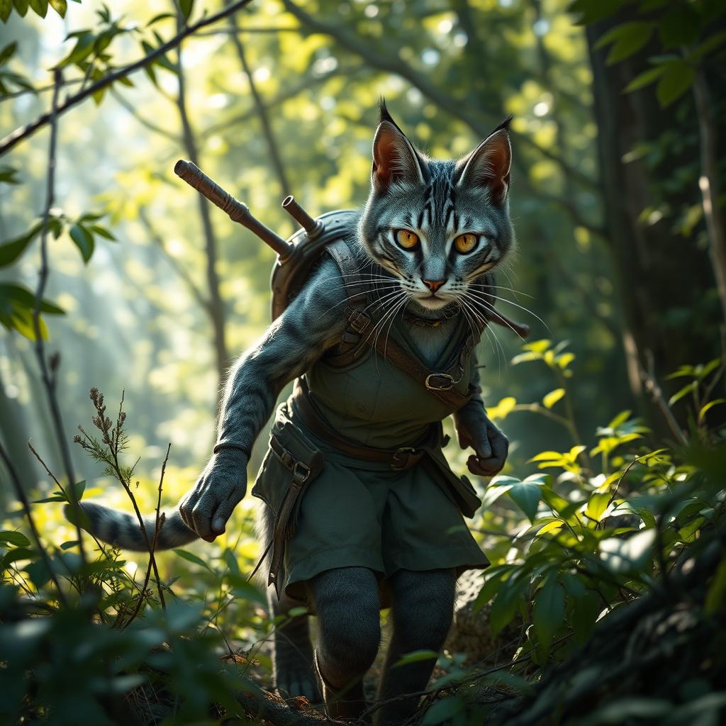 A blue-grey tabby female tabaxi huntress, showcasing her feline features such as sharp ears and a long tail
