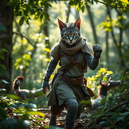 A blue-grey tabby female tabaxi huntress, showcasing her feline features such as sharp ears and a long tail