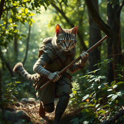 A blue-grey tabby female tabaxi huntress, showcasing her feline features such as sharp ears and a long tail
