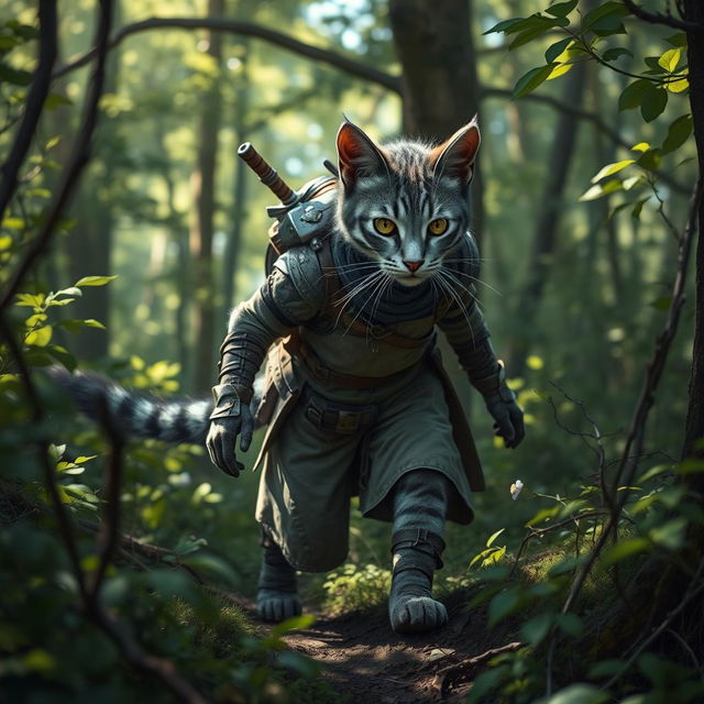 A blue-grey tabby female tabaxi huntress, showcasing her feline features such as sharp ears and a long tail