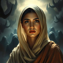A powerful image depicting Sumayyah binti Khayyat, her face radiating unwavering faith and determination despite the shadows of torment around her