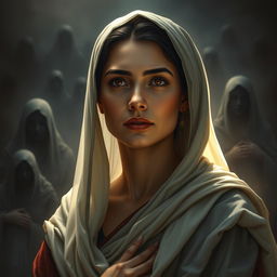 A powerful image depicting Sumayyah binti Khayyat, her face radiating unwavering faith and determination despite the shadows of torment around her