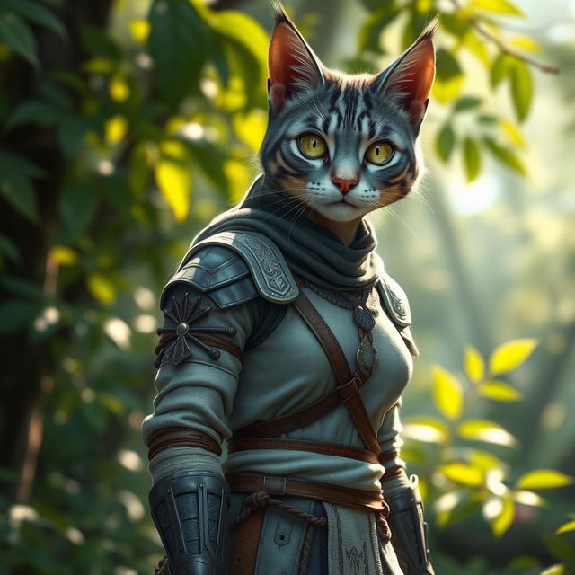 A blue-grey tabby female Tabaxi character wearing simple yet elegant clothes along with light armor that complements her agile stature