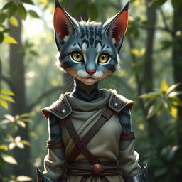 A blue-grey tabby female Tabaxi character wearing simple yet elegant clothes along with light armor that complements her agile stature