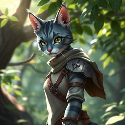 A blue-grey tabby female Tabaxi character wearing simple yet elegant clothes along with light armor that complements her agile stature