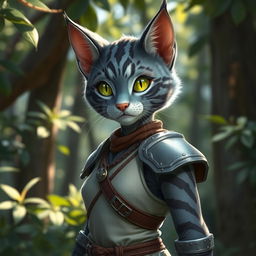 A blue-grey tabby female Tabaxi character wearing simple yet elegant clothes along with light armor that complements her agile stature