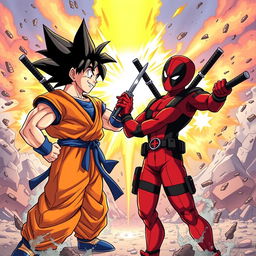 A dynamic illustration of Goku and Deadpool standing face to face in an intense and vibrant setting