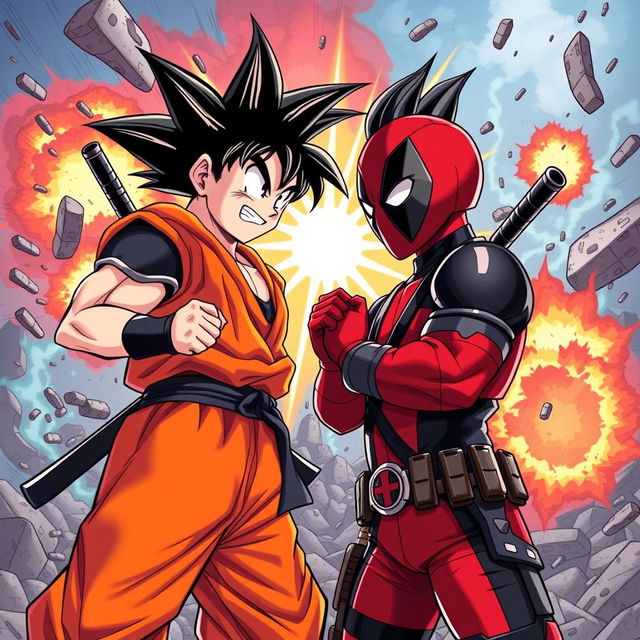 A dynamic illustration of Goku and Deadpool standing face to face in an intense and vibrant setting