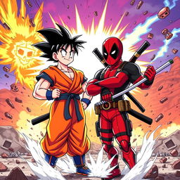 A dynamic illustration of Goku and Deadpool standing face to face in an intense and vibrant setting