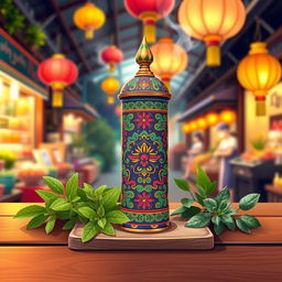 A whimsical and colorful illustration of a unique Thai inhaler called 'ยาดมโหนกระแส'