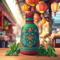 A whimsical and colorful illustration of a unique Thai inhaler called 'ยาดมโหนกระแส'