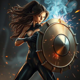 A female human kineticist, showcasing her captivating powers, is passionately welding a massive shield