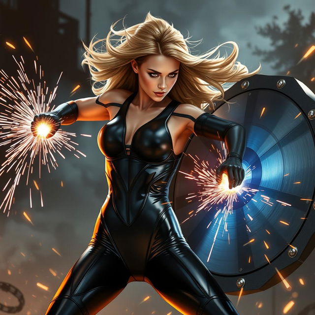 A female human kineticist, showcasing her captivating powers, is passionately welding a massive shield