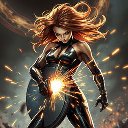 A female human kineticist, showcasing her captivating powers, is passionately welding a massive shield