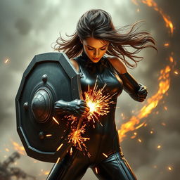 A female human kineticist, showcasing her captivating powers, is passionately welding a massive shield