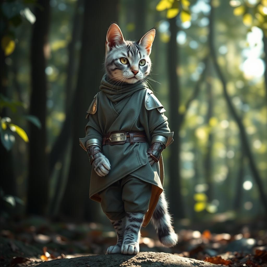An elegant blue-grey tabby female Tabaxi standing confidently, adorned in simple yet stylish clothes complemented by light armor