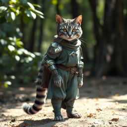 An elegant blue-grey tabby female Tabaxi standing confidently, adorned in simple yet stylish clothes complemented by light armor