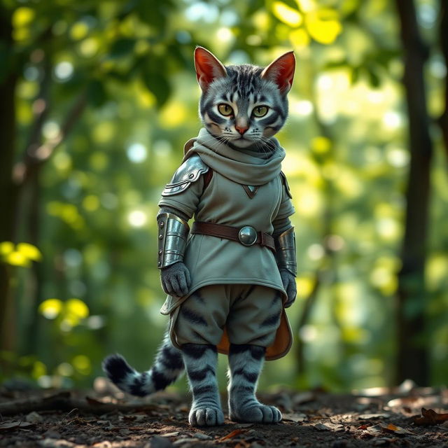 An elegant blue-grey tabby female Tabaxi standing confidently, adorned in simple yet stylish clothes complemented by light armor
