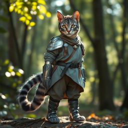 An elegant blue-grey tabby female Tabaxi standing confidently, adorned in simple yet stylish clothes complemented by light armor
