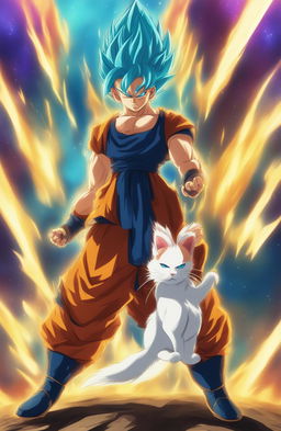 This digital art piece captures an intense standoff between a Super Saiyan God from the Dragonball universe and a formidable cat