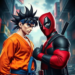 A hyper-realistic depiction of Goku and Deadpool standing face to face