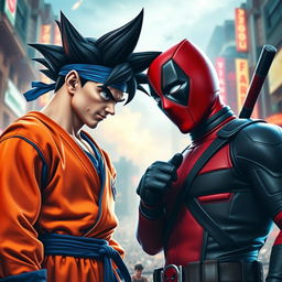 A hyper-realistic depiction of Goku and Deadpool standing face to face