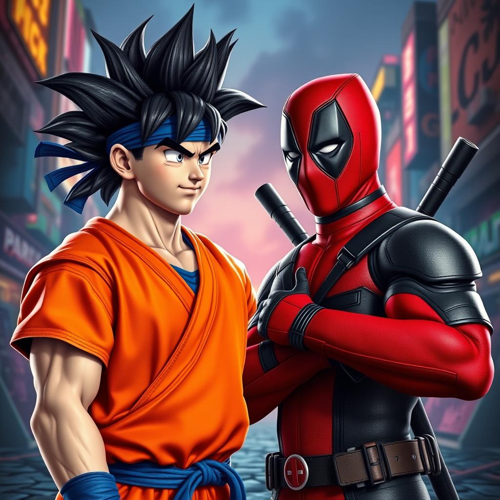 A hyper-realistic depiction of Goku and Deadpool standing face to face