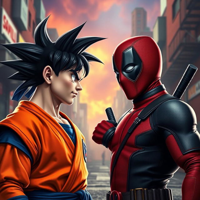 A hyper-realistic depiction of Goku and Deadpool standing face to face