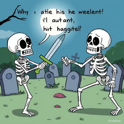 A humorous cartoon depicting skeletons trying to engage in a playful duel but failing comically