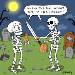 A humorous cartoon depicting skeletons trying to engage in a playful duel but failing comically