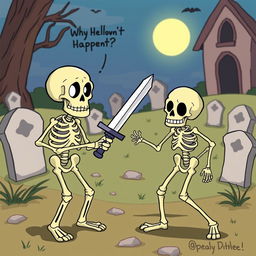 A humorous cartoon depicting skeletons trying to engage in a playful duel but failing comically