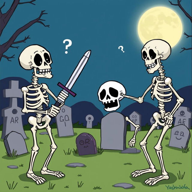 A humorous cartoon depicting skeletons trying to engage in a playful duel but failing comically