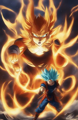 This digital art piece captures an intense standoff between a Super Saiyan God from the Dragonball universe and a formidable cat