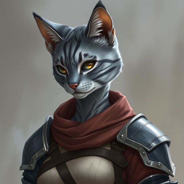 An elegant female Tabaxi with blue-grey tabby fur, showcasing her feline features gracefully