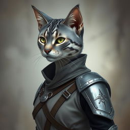 An elegant female Tabaxi with blue-grey tabby fur, showcasing her feline features gracefully