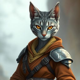 An elegant female Tabaxi with blue-grey tabby fur, showcasing her feline features gracefully