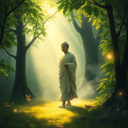 A serene and mystical depiction of the Buddha walking gracefully through a lush, enchanted forest
