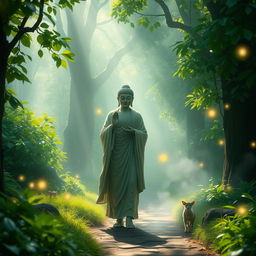 A serene and mystical depiction of the Buddha walking gracefully through a lush, enchanted forest