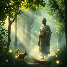 A serene and mystical depiction of the Buddha walking gracefully through a lush, enchanted forest