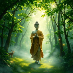 A serene and mystical depiction of the Buddha walking gracefully through a lush, enchanted forest