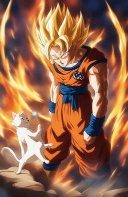 This digital art piece captures an intense standoff between a Super Saiyan God from the Dragonball universe and a formidable cat