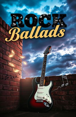An artistic album cover for a collection of Rock Ballads, featuring a powerful electric guitar leaning against an old brick wall, with soft glowing light illuminating the scene