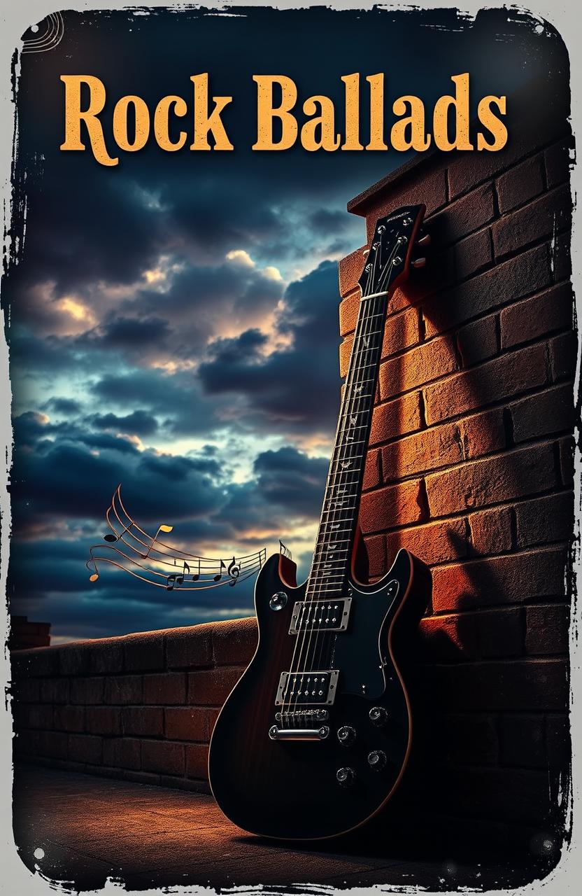 An artistic album cover for a collection of Rock Ballads, featuring a powerful electric guitar leaning against an old brick wall, with soft glowing light illuminating the scene