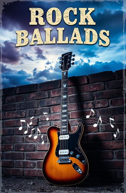 An artistic album cover for a collection of Rock Ballads, featuring a powerful electric guitar leaning against an old brick wall, with soft glowing light illuminating the scene