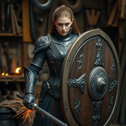 A female human kineticist, clad in intricately detailed full plate armor made of polished onyx, showcasing an elegant and formidable design